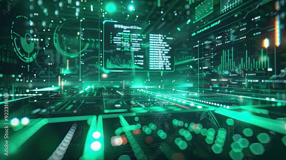 Poster Dynamic digital landscape featuring green data visualization, coding elements, and futuristic technology interfaces.