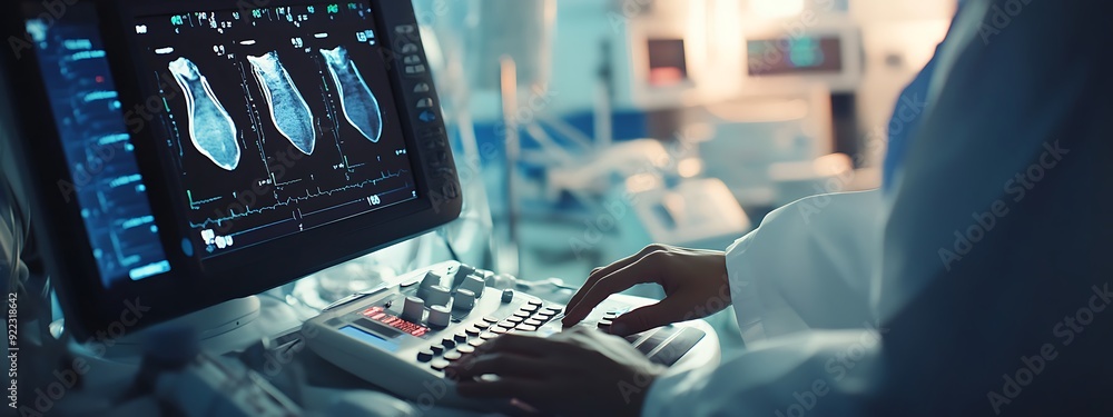 Poster close-up of a medical technician using an ultrasound device with high-definition display