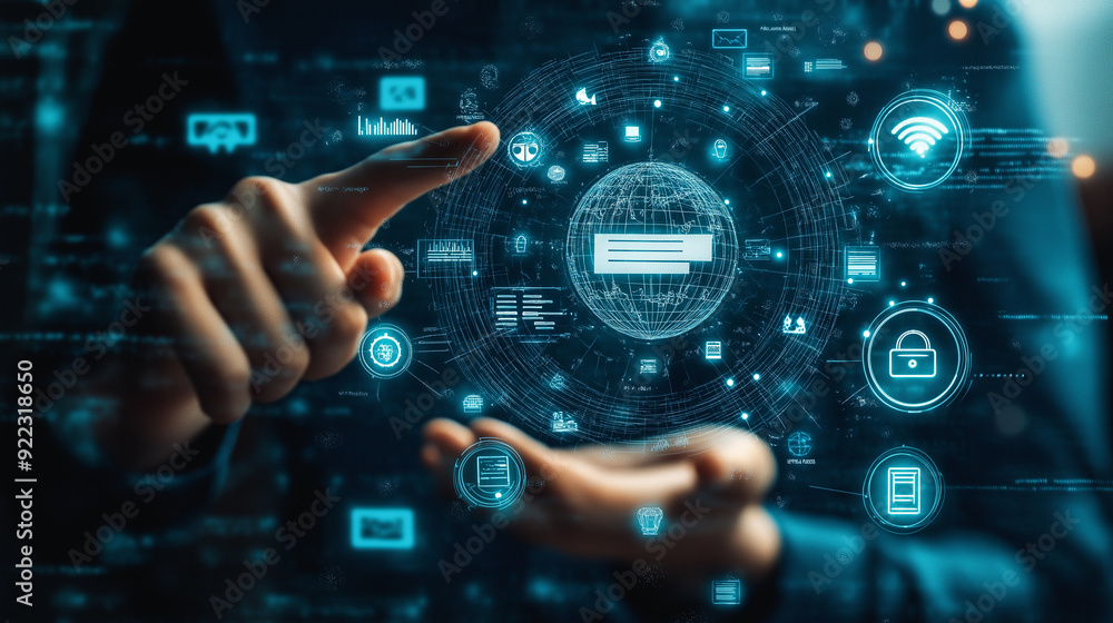 Aufkleber technological interaction, depicting a person interacting with a digital interface filled with conne