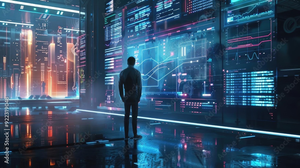 Poster A person standing in front of a futuristic data interface, analyzing high-tech digital graphs and statistics in a dark environment.