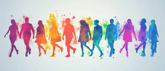 Colorful Silhouettes of People Walking in a Row with Watercolor Splashes, Colorful Silhouettes of People Walking in a Row with Watercolor
