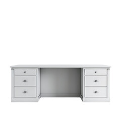 Isolated Elegant White Desk with Drawers and Open Space Design.