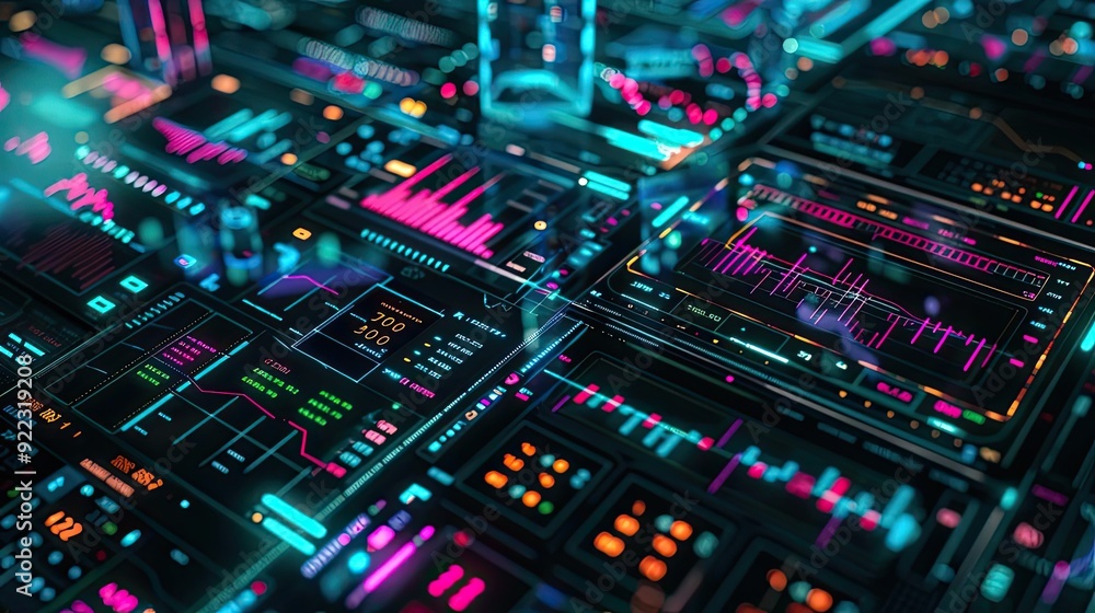 Poster Vibrant digital interface with glowing graphs and data visualizations, ideal for tech and innovation themes.