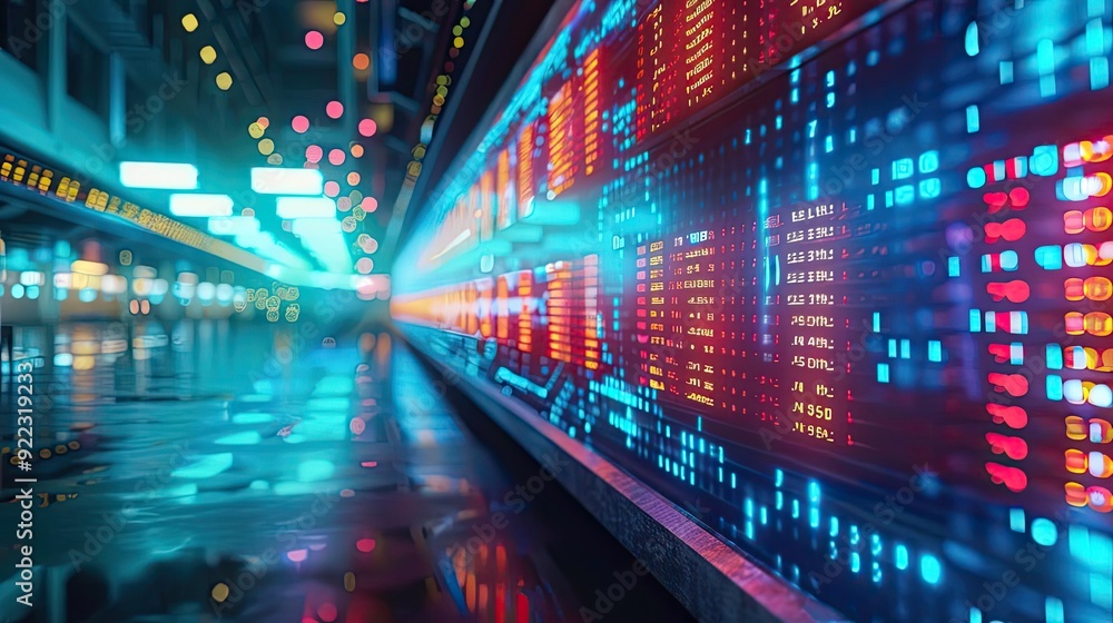 Poster vibrant digital display with glowing data visuals, showcasing financial trends and market activity i