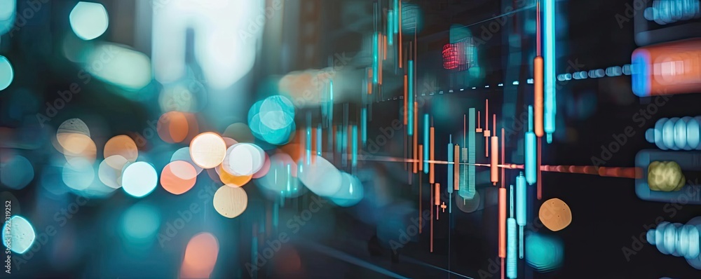 Aufkleber Abstract financial data visualization with vibrant colors and bokeh background, representing market trends and analytics.