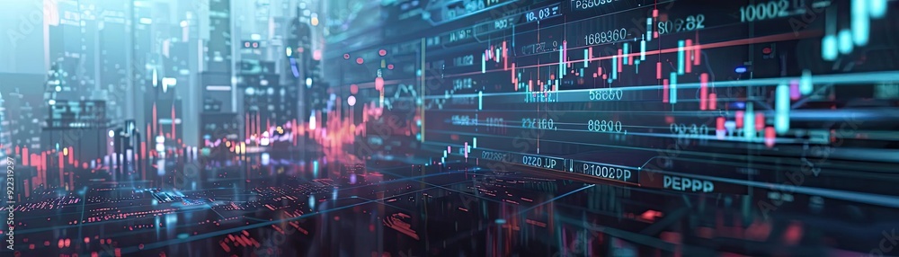 Poster Futuristic data visualization with glowing charts and graphs representing market trends and analytics in a digital landscape.