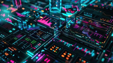 Obraz premium Vibrant digital interface with glowing graphs and data visualizations, ideal for tech and innovation themes.
