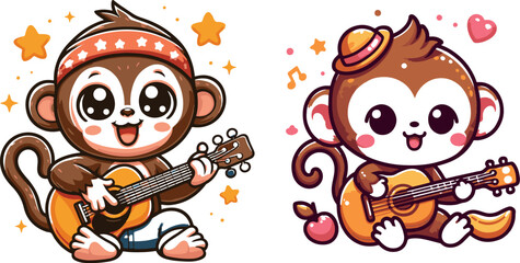 Cute Monkey Playing Guitar Cartoon Graphic