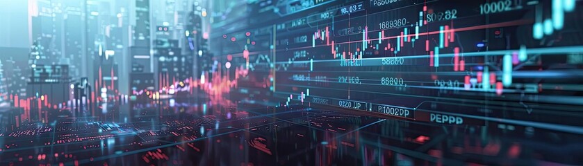 Futuristic data visualization with glowing charts and graphs representing market trends and analytics in a digital landscape.