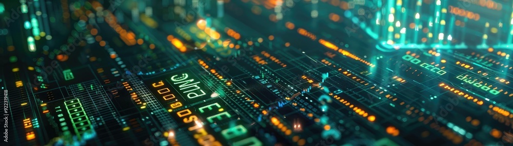 Poster abstract digital background showcasing vibrant circuitry and neon lights, ideal for technology and f