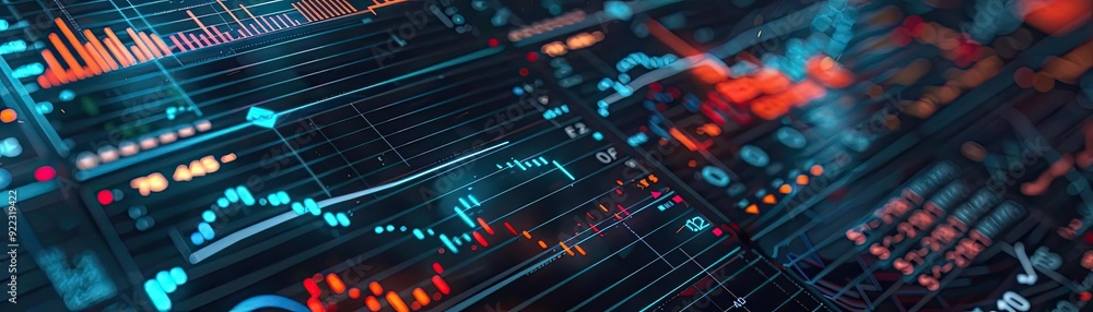 Poster a vibrant digital interface displaying stock market data, charts, and analytics for financial profes