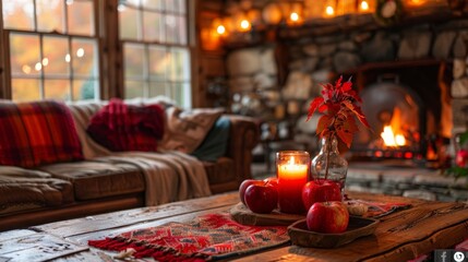 Serene Autumn Vibes at a Vermont Inn: Cozy Fireplace, Vibrant Leaves, and Hot Apple Cider Delight