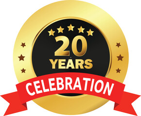 20 Years Celebration seal, 20 Years Golden Logo, 20 Years Anniversary, Twenty Years Celebration with Red Ribbon, Celebration in Golden Red ribbon