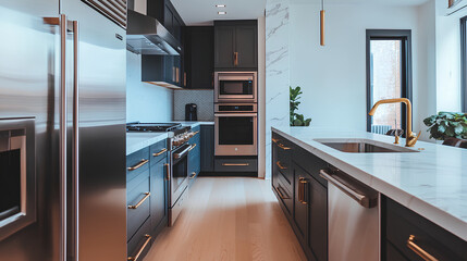 A stylish kitchen in Chicago with gold hardware, stainless steel appliances, and white marbled granite counters