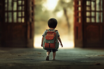 A small child with a colorful backpack walks bravely towards a bright school building, ready for their first day of adventures.