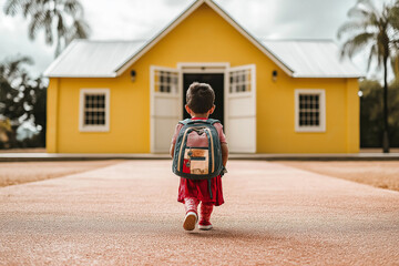 Filled with nervous excitement, a little one, dwarfed by their backpack, embarks on a momentous journey towards the welcoming school doors.