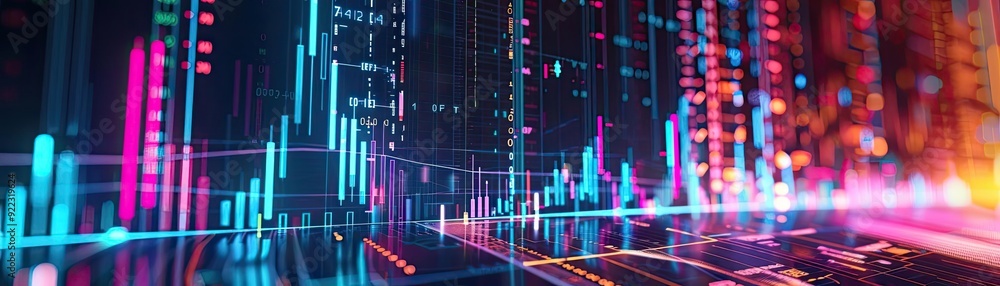Aufkleber Vibrant digital visualization showing data analysis with colorful graphs and charts representing technology and innovation.
