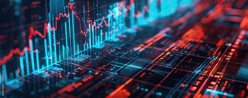 Poster Vibrant digital data visualization featuring glowing charts and graphs in blue and red tones, representing technology and analytics.