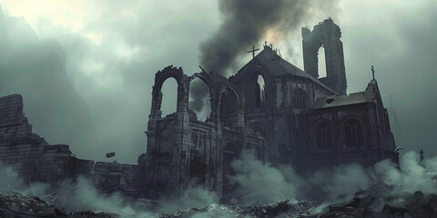 Fototapeta premium Blackened Souls: Smoke billows from a ruined church, its charred remains still steeped in prayer.