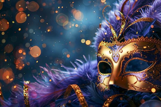 A gold and blue masquerade mask with purple feathers and a sparkling background.