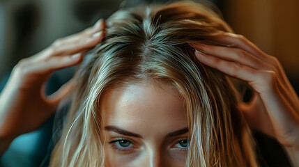 Obraz premium A woman with long blonde hair is getting her hair done