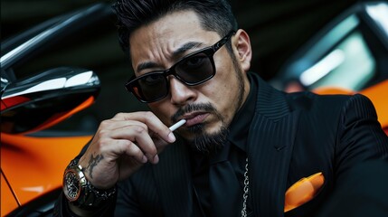 Stylish Man in Sunglasses Holding Cigarette Near Luxury Sports Car