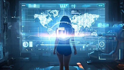 A young woman exercises on a treadmill in a modern room filled with holographic displays, showing global maps and data analytics. - Powered by Adobe