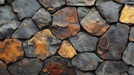 Fototapeta premium A textured wall made of irregularly shaped stones in various shades.
