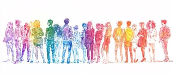 Diverse Group of People Standing Together in a Line, Rainbow Colors, Sketch Illustration, Rainbow Co