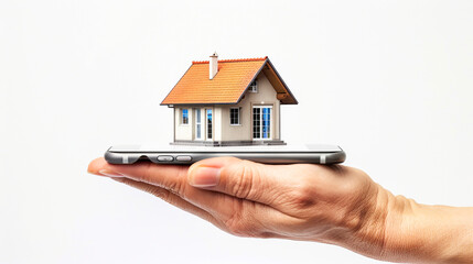 Naklejka premium Hand holding phone with miniature house on white background. Online technology in real estate investment. App to find property to buy and rent. Smartphone application to search home