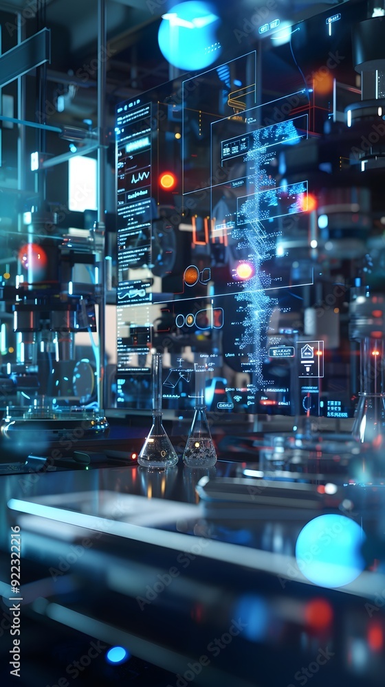 Poster futuristic laboratory with digital interface and beaker.