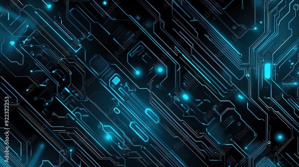 Poster abstract representation of digital circuits with glowing blue elements on a dark background