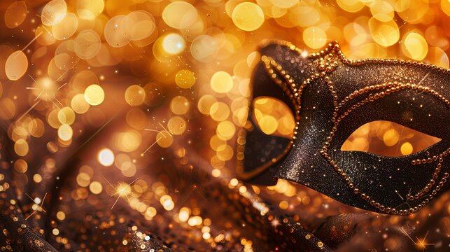A golden masquerade mask sits atop a sparkling, festive fabric, adorned with golden glitter and lights, creating a captivating and mysterious ambiance.