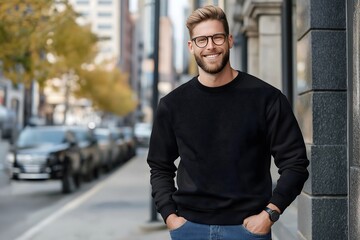Fototapeta premium Young man wearing black adult crewneck sweatshirt mockup with copy space. Print presentation blank.
