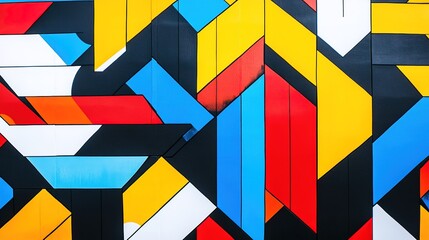 Vibrant geometric mural featuring bold colors on an urban wall in a city setting during daytime