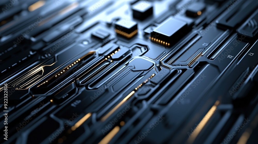 Poster close-up view of intricate circuit board patterns with glowing elements in a dark environment