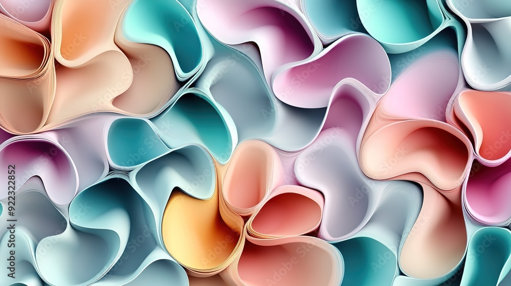 Poster colorful abstract patterns created with swirling paper shapes and soft gradients in a vibrant arrang