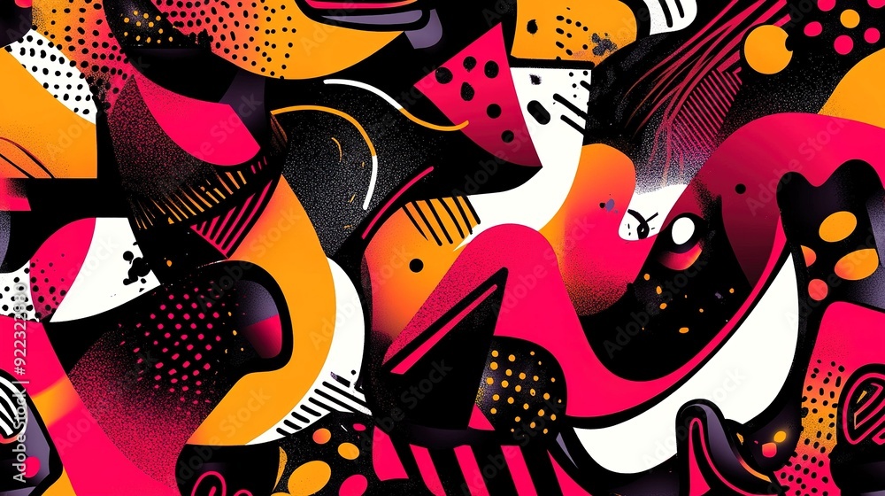 Poster colorful abstract design featuring vibrant shapes and patterns with a mixture of bold colors and tex