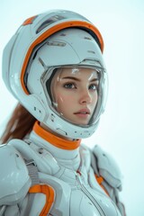 A woman in a white and orange space suit with a helmet on her head