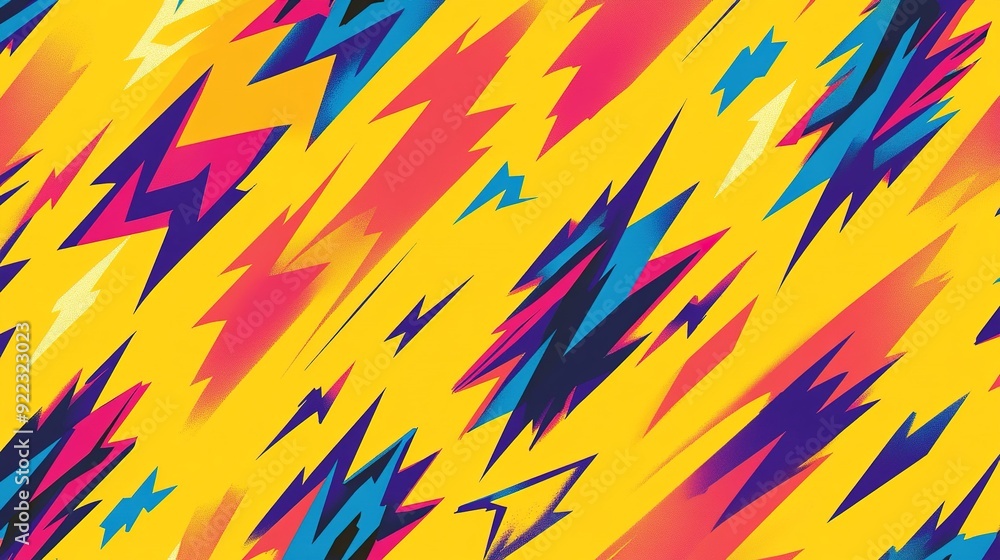 Aufkleber Bright yellow background with colorful lightning bolt patterns in a vibrant design