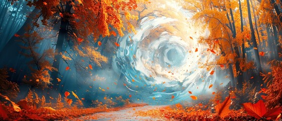 Surreal autumn forest scene with a vortex, blending vibrant orange leaves and a mystical pathway leading into a swirling sky.