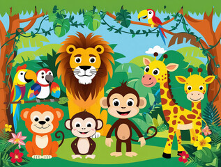 Fototapeta premium Illustration of the wild animals near the big tree 