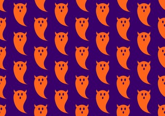 Seamless pattern with ghosts. Halloween violet and orange pattern. White ghost pattern. Autumn mood. Terrible. Boo