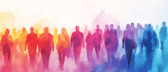 Watercolor Silhouettes of a Diverse Crowd Walking Together