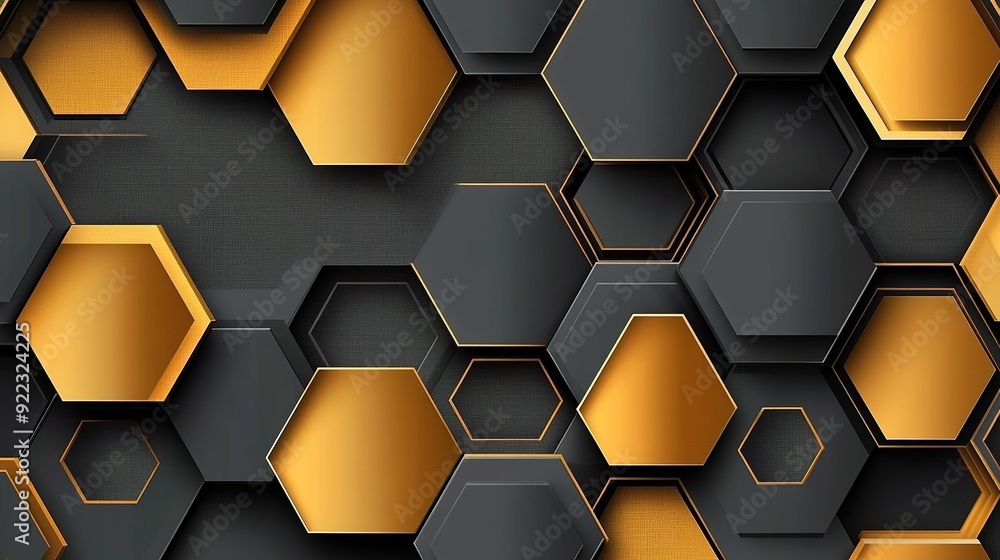 Poster geometric hexagonal pattern in gold and black tones with a modern design