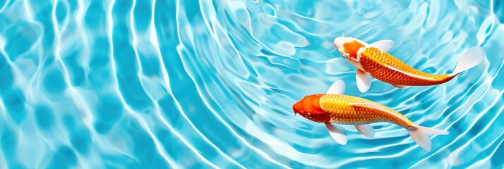 Serene scene of two vibrant koi fish swimming in clear blue water with gentle ripples, symbolizing tranquility and natural beauty.