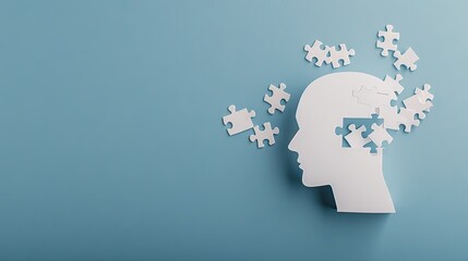 Creative exploration of mental health represented by a white paper cutout of a human head with puzzle pieces falling against a blue background in a minimalistic flat lay