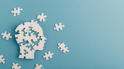Puzzle pieces fall from a white paper cutout head on a blue background, highlighting mental health and employee intelligence in a minimalistic style