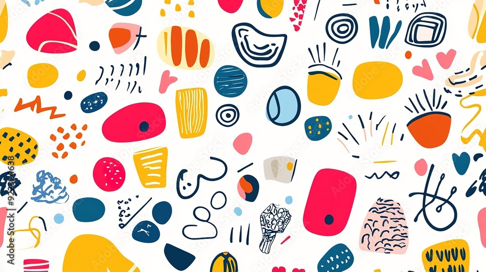 Poster abstract colorful patterns with various shapes and doodles on a white background