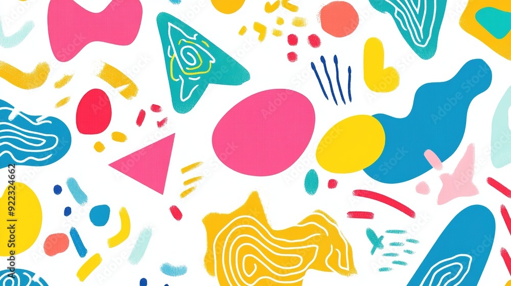 Poster colorful abstract design featuring vibrant shapes and patterns on a white background